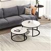 KSFASHZ Set di 2 tavolini da salotto rotondi, 80 x 80 x 45 cm + 60 x 60 x 33 cm, tavolino da caffè in marmo, tavolino ausiliare per soggiorno, set di 2 tavolini rotondi bianchi