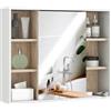 HOMCOM Mobile Bagno con Specchio, 3 Ripiani Laterali e Ripiano Regolabile Interno, Specchio Bagno Contenitore in Legno, 60x14.5x49.4 cm, Bianco e Color Legno