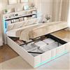 AOGLLATI Letto Matrimoniale Contenitore 140x200 cm, Letto Imbottito, Beige | Sollevamento Idraulico, Illuminazione a LED, Stazione di Ricarica, Testiera Imbottita, Ampio Spazio di Stivaggio, Senza Fondo