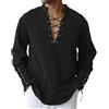 JESDM Camicia medievale da uomo con lacci, colletto alto, in lino, Nero , 3XL