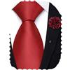Hi-Tie - Cravatte da uomo extra lunghe da 160 cm e 178 cm in seta, solide, con spilla da bavero a forma di fiore, Rosso, 70''(178cm)
