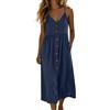 Lovraj Abito estivo da donna, linea ad A, scollo a V, in cotone, abito da spiaggia, tinta unita, leggero e lufitg, con tasche, Blu marino, L