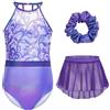 Gogokids - Set di 3 body da ginnastica per ragazze, body da ginnastica per bambini con strass e design floreale in rete, tute da balletto scintillanti che includono body, gonna in chiffon e fascetta