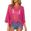 Generico Copricostume Donna Mare - Top all'Uncinetto da Donna, Modello Boho con Frange, Maniche a 3/4, Maglia Traforata Leggera, Ideale Come Copricostume o Camicia Casual per L'Estate
