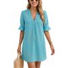 YUTILA Abito da Spiaggia da Donna, Corto, in Lino, con Scollo a V, Bikini Cover Up, Abito Estivo, da Spiaggia, Tunica, in Cotone e Lino, Leggero, Tinta Unita, Abbigliamento da Spiaggia, Blu marino, L