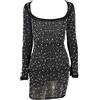 Aosufei Abito corto da donna con scollo quadrato scintillante sexy mini abito a maniche lunghe aderente lucido abiti da discoteca, Nero , M