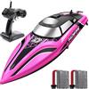 DEERC Barca telecomandata rapida con illuminazione a LED, 30+ Mins, 20+ MPH, barca telecomandata a raddrizzamento automatico piscine e laghi, barche da corsa 2,4 GHz, giocattolo acquatico estivo per