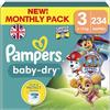 Pampers Baby-Dry, taglia 3, 234 strati, 6-10 kg, salvataggio contro le perdite grazie a una protezione integrale fino alle 12 ore, edizione limitata con la Paw Patrol, confezione 1 mese