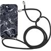 Foonary Pizzo Cover con Cordino per iPhone 14 / iPhone 13 6.1, Custodia con Aesthetic Lace Fiore Estivi Motivo Laccio Collana Tracolla, Silicone Necklace Regolabile Corda Phone Case, Nero
