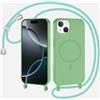 xinyunew Magnetica Cover con Cordino per iPhone 15 Plus,[Compatibile con MagSafe], Cover in Silicone, Regolabile Cordino da Collo Nylon Catena Collana Tracolla,Verde Matcha