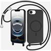xinyunew Magnetica Cover con Cordino per iPhone 16E/iPhone 17E,[Compatibile con MagSafe], Cover in Silicone, Regolabile Cordino da Collo Nylon Catena Collana Tracolla,Nero