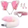 Accos Love Collare con coda di volpe, plug anale e morsetti per capezzoli, orecchie di gatto, plug anale in acciaio inox con coda di volpe in pelliccia sintetica per donna, costume e cosplay