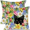 Tupenofif Federa Cuscino 45x45, Cuscino Decorativo con Gatto Nero e Fiori, Cuscino Primaverile Stile Country, Narcisi e Tulipani per Divano e Soggiorno, Set da 2