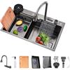 Aipunlus Lavello Cucina Nero Multifunzione, Lavello da Cucina in Acciaio Inox, Installazione Sotto o Sopra Piano con Rubinetto Estraibile/Dispenser di Sapone/Flusso d'Acqua a Cascata (A, 75x45cm)