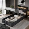 JiaOyu Letto singolo 90 x 200 cm, moderno letto imbottito con illuminazione a LED e funzione di ricarica USB, letto idraulico con spazio e rete a doghe, schienale per ragazzi, senza materasso (grigio+lino)