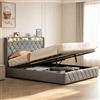 BIYFSDS Letto con Contenitore 140 x 200 cm con Sommier LED e USB, Letto Matrimoniale Imbottito 140x200 con Sistema di Sollevamento Idraulico, Struttura per Letto Imbottito a 2 Posti con Testata e Mensole