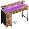 MUTUN Scrivania per computer da 100 cm, con 5 cassetti in tessuto, scrivania da gioco con luci a LED e prese di corrente, scrivania per casa e ufficio con supporto per monitor, scrivania con porta di