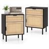 KOMFOTTEU Set di 2 comodini con cassetto e anta in rattan, comodino con gambe in metallo, mobile camera da letto con armatura a porta, per soggiorno, ufficio, 45 x 30 x 59 cm, naturale (nero)