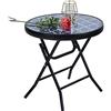 PHI VILLA - Tavolino rotondo pieghevole in vetro e metallo, tavolo da caffè, piccolo tavolino da balcone, resistente alle intemperie, facile da pulire, per balcone, giardino, terrazza, soggiorno