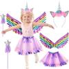 Gigquake Costume Unicorno Bambina- 4 Pezzi Costumi Animali Bambini Cosplay Set- Vestito Unicorno Carnevale Bambino Accessori Tutu Principessa Ali Cerchietto Bacchetta Magica Imitazione Unicorn Animale Festa