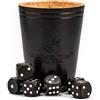 WALDFELSEN® Tazza cubo in vera pelle (9 cm) con 6 cubetti di legno (16 mm) in legno di faggio, set di cubi per gli occhi (colore: nero)
