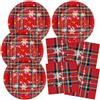 HNH Set di Piatti e Tovaglioli di carta per Natale | Rosso scozzese | Piatti di carta 23cm, 33cm Tovaglioli di carta per feste Set di stoviglie usa e getta 20 persone