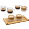 OCEANO Set 6 Tazzine da Caffè in Vetro Trasparente Lavorato con Manico e Vassoio in Legno di Bambù Naturale Design Elegante Scanalato per Espresso Macchiato Cappuccino Idea Regalo