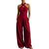 Generisch - Jumpsuit da donna elegante, con spalline incrociate anteriori, tuta lunga aderente, pantaloni a gamba larga, per invitata a matrimonio, senza maniche, con tasche, outfit da lavoro, Rosso 1