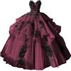 Fuomomo Abiti da Quinceanera gotici con Tulle e Pizzo Floreale Nero Abiti da Quinceanera e Sweet 15 in Stile Bohémien con Spalle Scoperte MT048