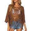 Generico Copricostume Donna Mare - Top all'Uncinetto da Donna, Modello Boho con Frange, Maniche a 3/4, Maglia Traforata Leggera, Ideale Come Copricostume o Camicia Casual per L'Estate