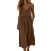 Lovraj Abito estivo da donna, linea ad A, scollo a V, in cotone, abito da spiaggia, tinta unita, leggero e lufitg, con tasche, marrone, S