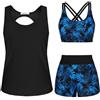 JASAMBAC Costume da bagno tankini da donna, 3 pezzi, con top e pantaloncini, Foglia di palma blu, 3XL