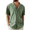 Generic Camicia da uomo in cotone di lino a maniche corte 4 tasche camicie estive con bottoni top per le vacanze T-shirt da spiaggia hawaiana 2026, Camicia hawaiana verde da uomo in cotone e lino, L