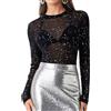 IECCP Maglia da donna sexy in rete trasparente, maglia nera, maglia a maniche lunghe, casual, camicetta in tulle, maglietta a tunica, clubwear per feste, uscite, festival musicali, Glitter dorati, L