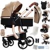 Reenborn Pelle PU Passeggino Trio, Passeggino 3 in 1 con Due Modi Reversibili Spingere, Trio Neonati con Design Pieghevole in Un Clic, Telaio Alluminio Paesaggistico Alto (L518 Beige)