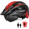 FUNWICT Casco Bici per Uomo Donna Adulto, Leggero MTB con Visiera Rimovibili Occhiali Magnetici Staccabili e LED Luce Ricaricabile, Ciclismo Corsa (L: 57-61 cm, Nero Rosso)