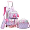 HTgroce Zaino Trolley Scuola Elementare Bambina con Lettera A - Set 3 Pezzi con Borsa per la Merenda e Astuccio - Zainetto con Ruote 2-in-1 Ergonomico per Scuola e Viaggio