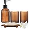 Guokanfly Set di accessori da bagno marrone, 4 pezzi, set completo in vetro | Composto da dispenser di sapone, bicchiere per collutorio e portasapone per decorare bagni e lavandini.