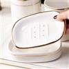 ohihuw Portasapone autodrenante, vassoio per sapone a doppio strato, in ceramica bianca con motivi eleganti (bianco con linee dorate)