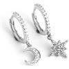 IMINI Graziosi orecchini a cerchio con ciondolo a forma di luna e stella, in argento Sterling S925 con ciondoli asimmetrici a pavé di zirconia cubica e diamante a goccia per cartilagine