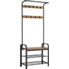 VASAGLE Appendiabiti con Scarpiera, Appendiabiti con Panca per Ingresso, 4 in 1, 9 Ganci Rimovibili, Barra Superiore, per Ingresso e Corridoio, 33,7 x 72 x 183 cm, Stile Industriale, Noce Medio e