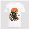NONE T-shirt da uomo bianca con gatto samurai, maglietta casual in cotone 100%, manica corta, girocollo, stampa artistica giapponese con katana e sole rosso, top streetwear estivo, vestibilità comoda,