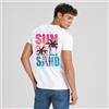 NONE T-shirt uomo 100% cotone con stampa posteriore Sun Sea Sand, maglietta girocollo a maniche corte estiva, grafica palme tramonto mare, stile casual streetwear, vestibilità regular