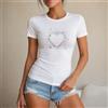 NONE T-shirt da donna elegante, stile casual chic, maglietta da donna 100% cotone, cuore glitterato con brillantini, perfetta per vacanze, estate, tempo libero, spiaggia, shopping, regalo per amiche e