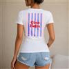 NONE Maglietta da donna 100% cotone, stile casual e streetwear, con stampa Ciao Bella su sfondo a righe colorate, perfetta per vacanze, estate, tempo libero, spiaggia e shopping, ideale come regalo per