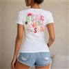 NONE Maglietta estiva da donna, stile casual e colorato, maglietta da donna 100% cotone, stampa Here Comes The Sun con sole e fiori, perfetta per vacanze, spiaggia, tempo libero e viaggi, regalo ideale per