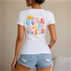 NONE Maglietta da donna 100% cotone, stile casual estivo, stampa colorata Here Comes The Sun con sole e fiori, perfetta per vacanze, spiaggia, tempo libero e viaggi, ideale come regalo per amiche, sorelle