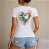 NONE Maglietta da donna con cuore floreale, stile boho chic, t-shirt da donna 100% cotone, stampa artistica a forma di cuore con fiori e foglie, perfetta per l'estate, le vacanze, la spiaggia, il tempo