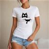 NONE Maglietta da donna con gatto nero, stile casual e divertente, maglietta da donna 100% cotone, stampa gatto stilizzato su filo, per il tempo libero, l'estate, le vacanze, la spiaggia, lo shopping,