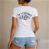 NONE Maglietta da donna 100% cotone, stile casual e streetwear, con stampa e disegno di croissant, perfetta per il tempo libero, le vacanze, l'estate, la spiaggia, lo shopping, regalo originale per amiche,